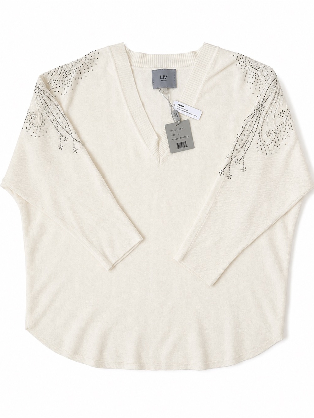 LIV Milano Yummy Eggshell Rhinestone Embellished V-Neck Sweater Size L NWT